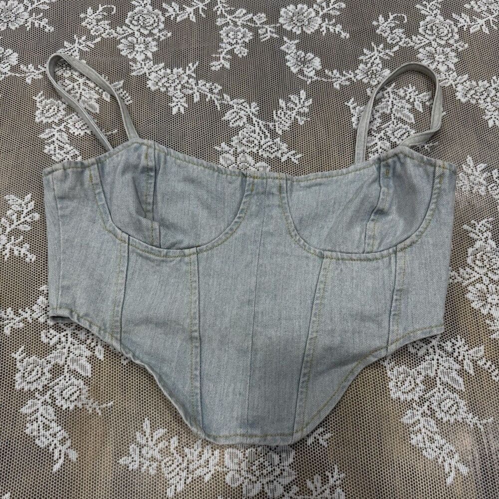 PrettyLittleThing Blue Denim Corset Bustier Top w/ Straps Zip Closure Size S